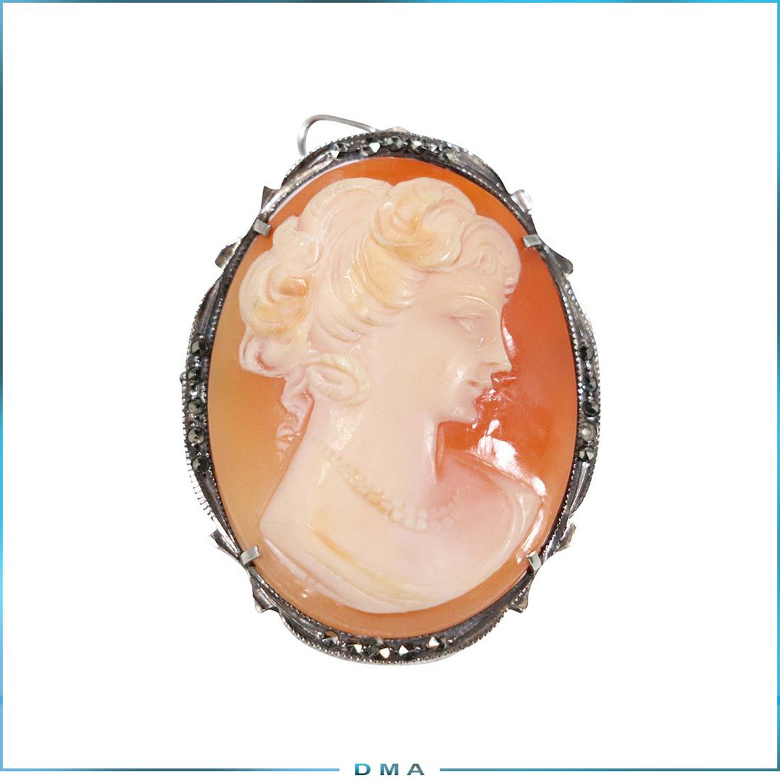 Cameo Brooch Portrait Lady 800 Silver & Marcasite Frame: Cameo Brooch Portrait Lady 800 Silver & Marcasite Frame. size: 1.5 in. x 1.25 in.