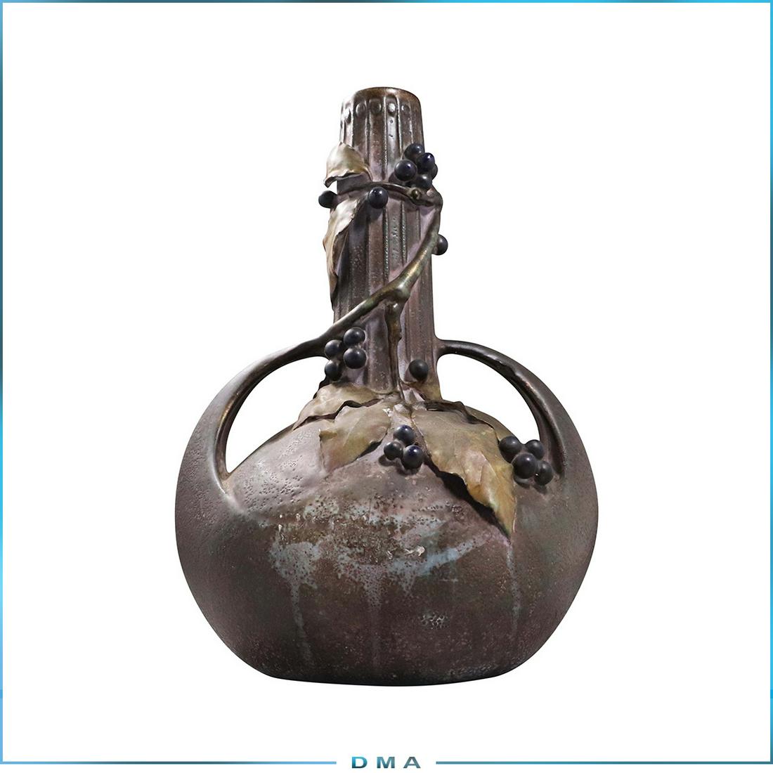 Amphora Style Art Pottery Vase with Grapes in Relief: Amphora Style Art Pottery Vase with Grapes in Relief. size: 12 in. height x 8.5 in. wide