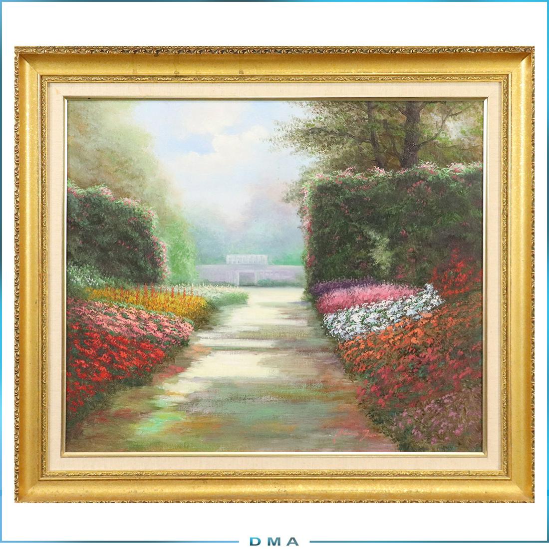 James Fan, 20th C. Oil/c Palatial Garden Pathway: James Fan, 20th C. Oil/c Palatial Garden Pathway . Oil on canvas painting. Signed. Framed. size: 20x24 image, 25.5x29.5 outside frame