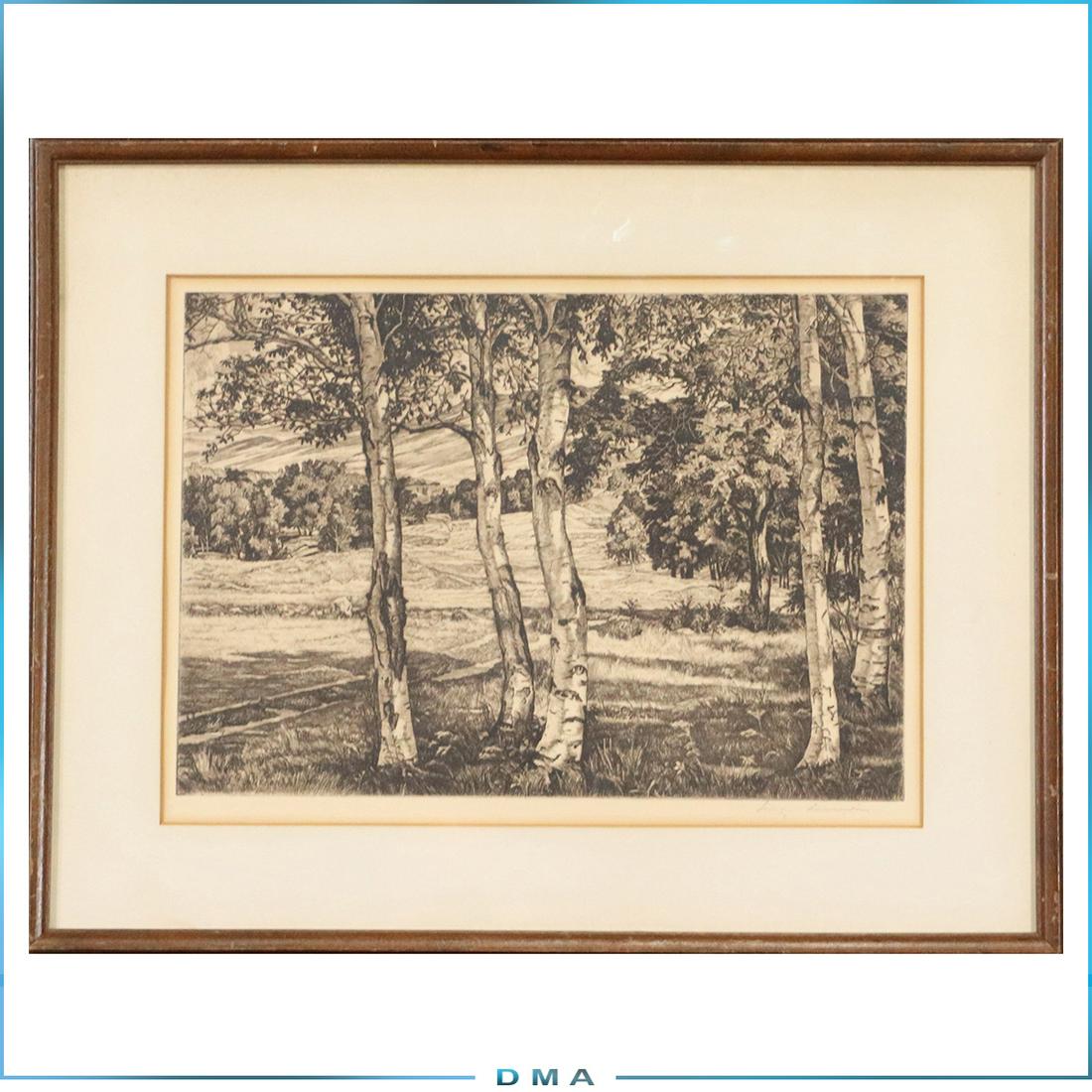 Luigi Lucioni Etching Signed & Numbered Between Birches: Luigi Lucioni Etching Signed & Numbered Between Birches. Associated American Artists, original label on verso. size: 9x13 image, 14.75x18.75 outside frame