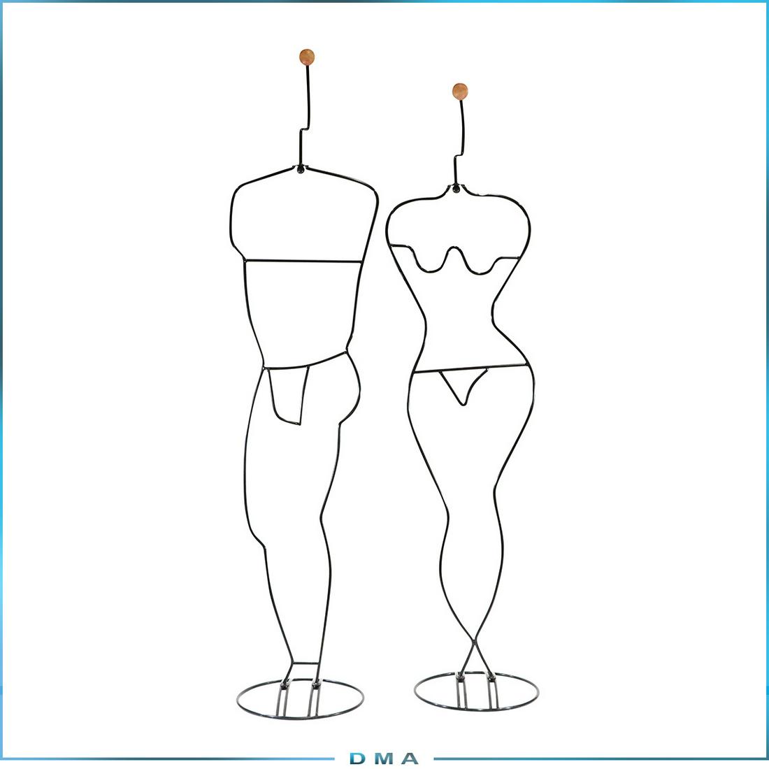 Man & Woman Metal Modernism Life Figure Clothes Butlers: Man & Woman Metal Modernism Life Figure Clothes Butlers. Metal with wall ball tops. Clean. Life-Size. size: 72.5 in. height x 17 in. wide, and 76.5 in. height x 17.5 in. wide