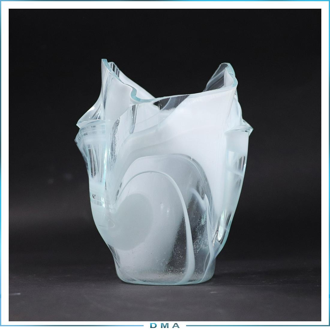 White Swirl Studio Art Glass Handkerchief Vase Signed: White Swirl Studio Art Glass Handkerchief Vase Signed on base and numbered. size: 6 in. h x 5.25 in. w