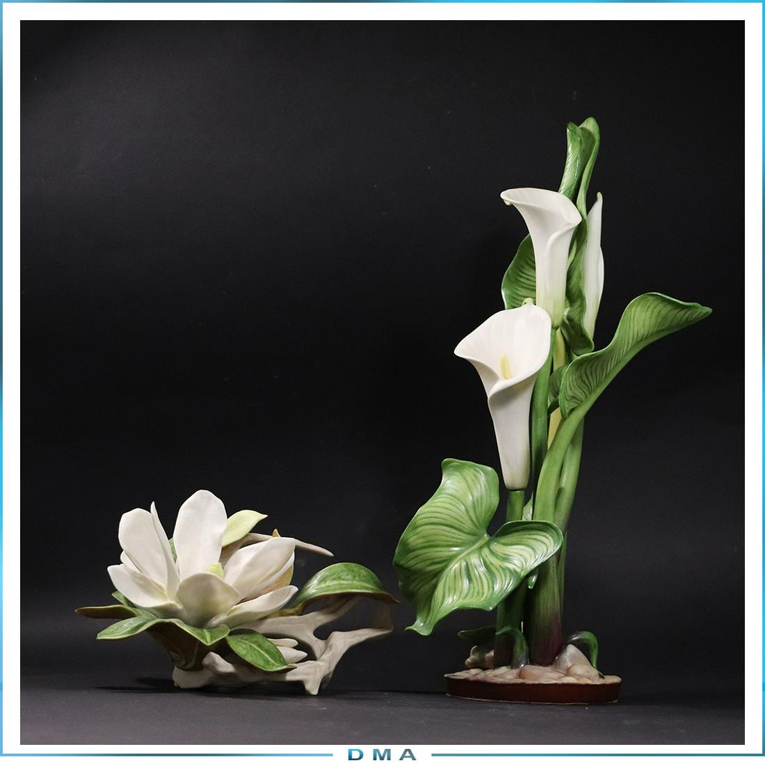 [2] Two Signed CYBIS Porcelain Calla Lilies & Magnolia: [2] Two Signed CYBIS Porcelain Calla Lilies & Magnolia. size: 6 in. h x 8 in. L, 15.5 in. h x 5.5 in. w