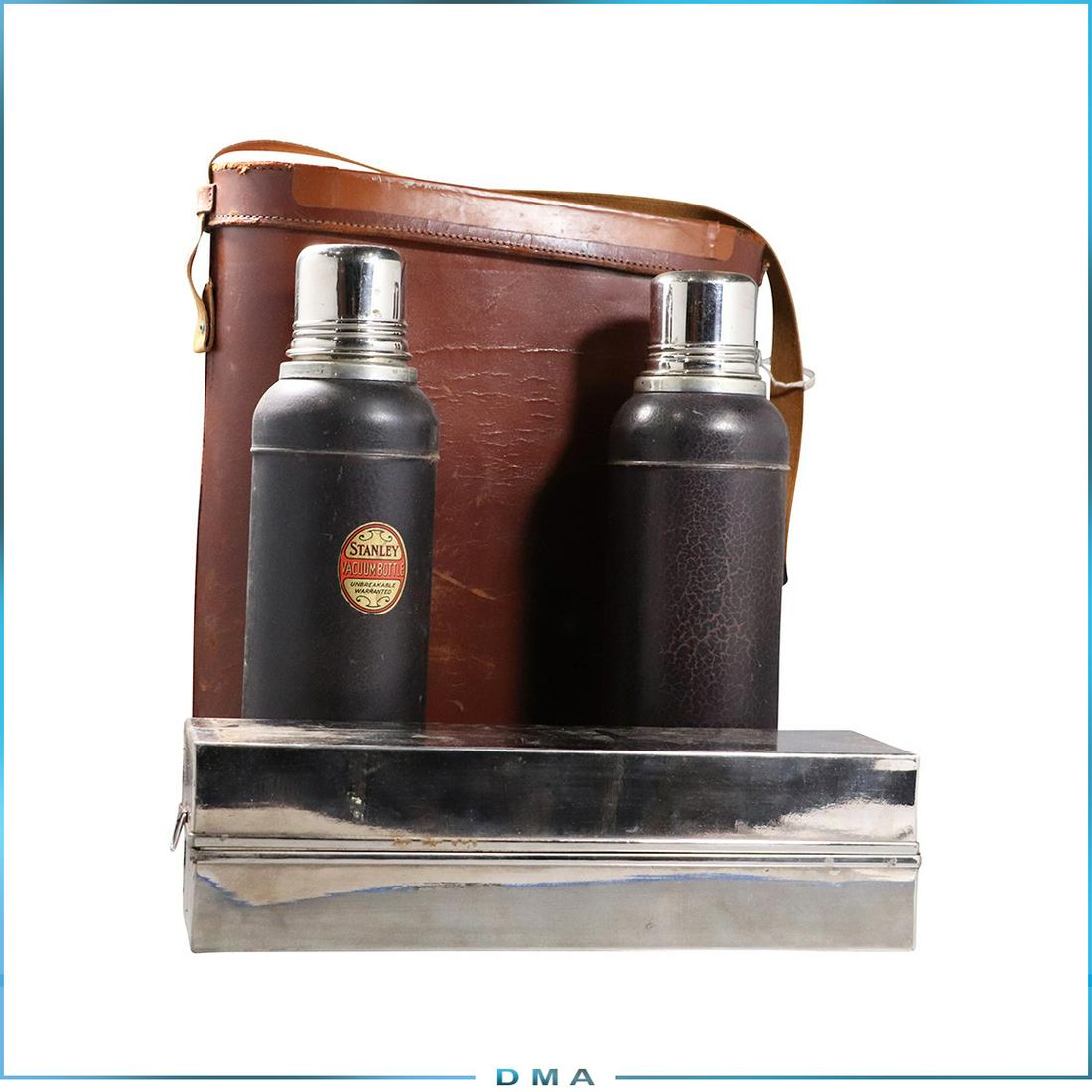 2 Stanley Vacuum Bottle Thermoses in Leather Case: 2 Stanley Vacuum Bottle Thermoses in Leather Case . Vintage. size: 14.5h x 13w