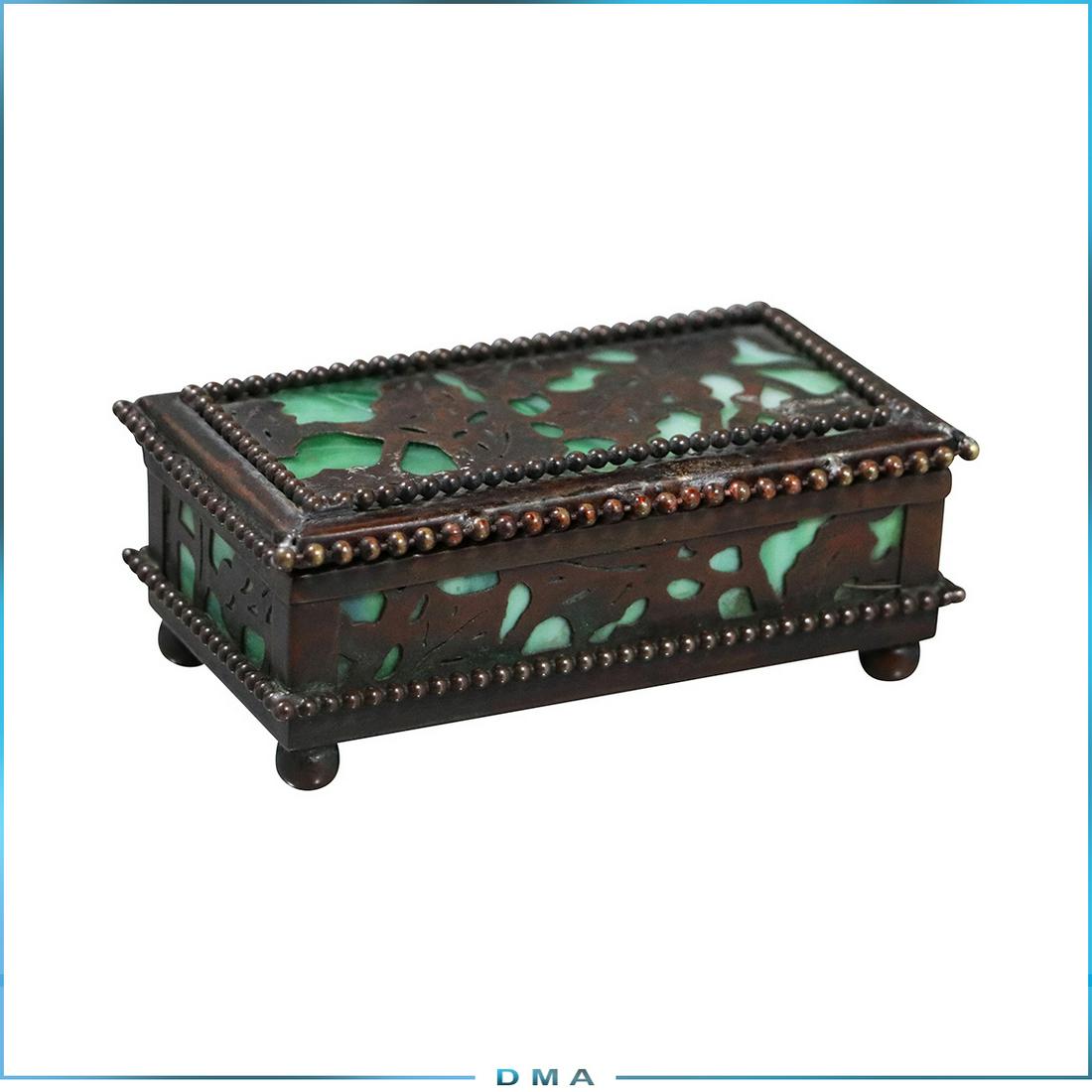 TIFFANY STUDIOS NEW YORK Triple Desktop Stamp Box: TIFFANY STUDIOS NEW YORK Triple Desktop Stamp Box. Bronze with Green Slag Glass. Signed: Tiffany Studios New York. Good bronze patina finish. size: 1.75 in. h x 4.25 in. L x 2.5 in. w