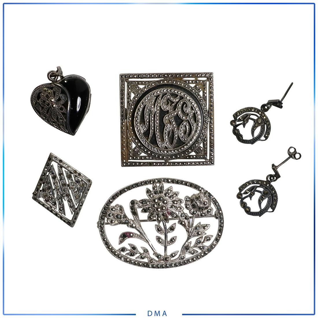 6 Pcs Sterling & Marcasites Earrings Locket Brooches: 6 Pcs Sterling & Marcasites Earrings Pendant Locket Brooches - Assorted. Earrings: .925 with Marcasites size 1 in. x 5/8 in.; Heart Pendant Locket .925 with Marcasites size 1 in. x 1 in. ; Brooch: Ste