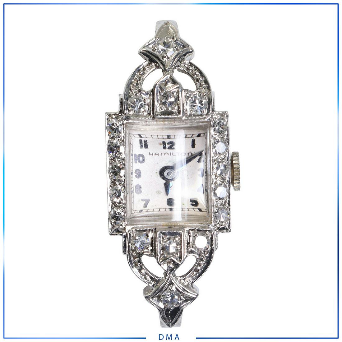 Hamilton Platinum and Diamonds Ladies Wristwatch: Hamilton Platinum and Diamonds Ladies Wristwatch. Approx. 5.1 dwt Platinum ; Size: 1 3/8 in. x 1/2 in.