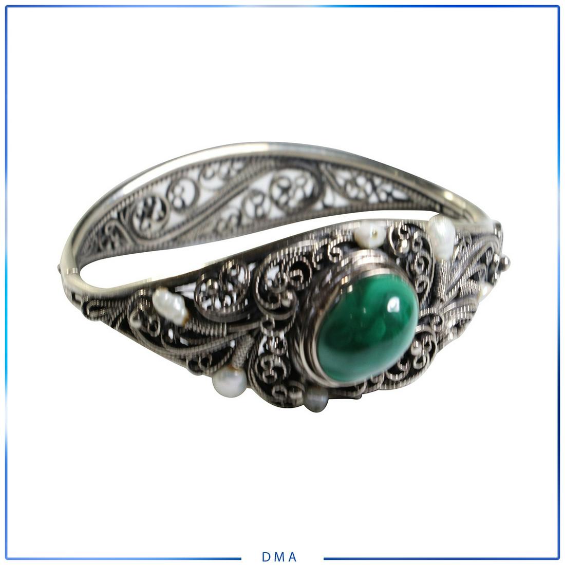 Exquisite Silver Malachite Stone Baroque Pearls Bangle: Exquisite Silver Malachite Stone Baroque Pearls Bangle Bracelet. Ornate Filigree. Size: 2.5 in. x 1 in.