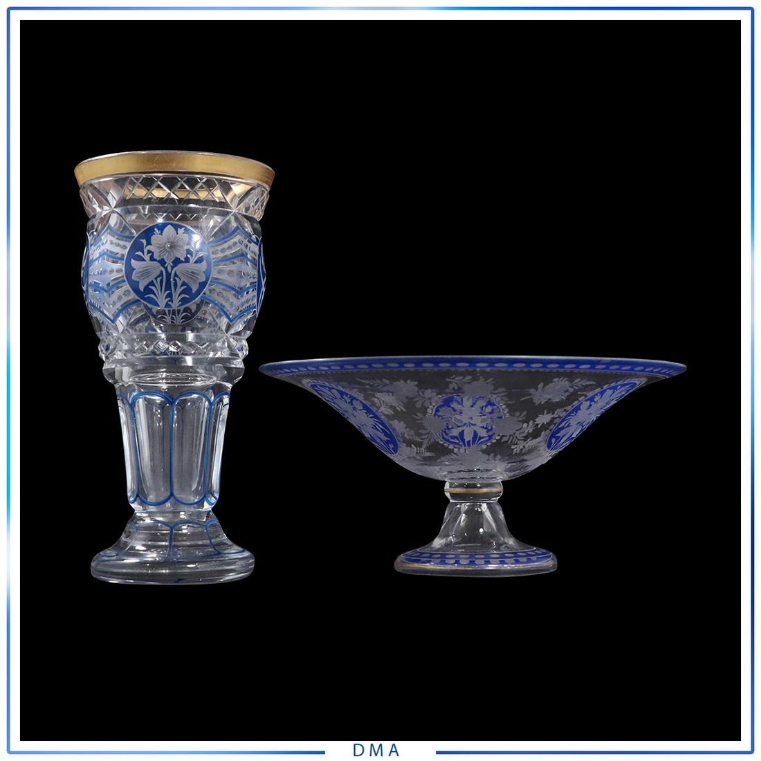 2 Elegant Bohemian Intaglio Cut Crystal Glass Vase Dish: 2 Elegant Bohemian Intaglio Cut Crystal Glass Vase and candy Dish compote. Gold rim accent. Fine glassware. size: 3.5h x 7.5w, 7h x 3.5w