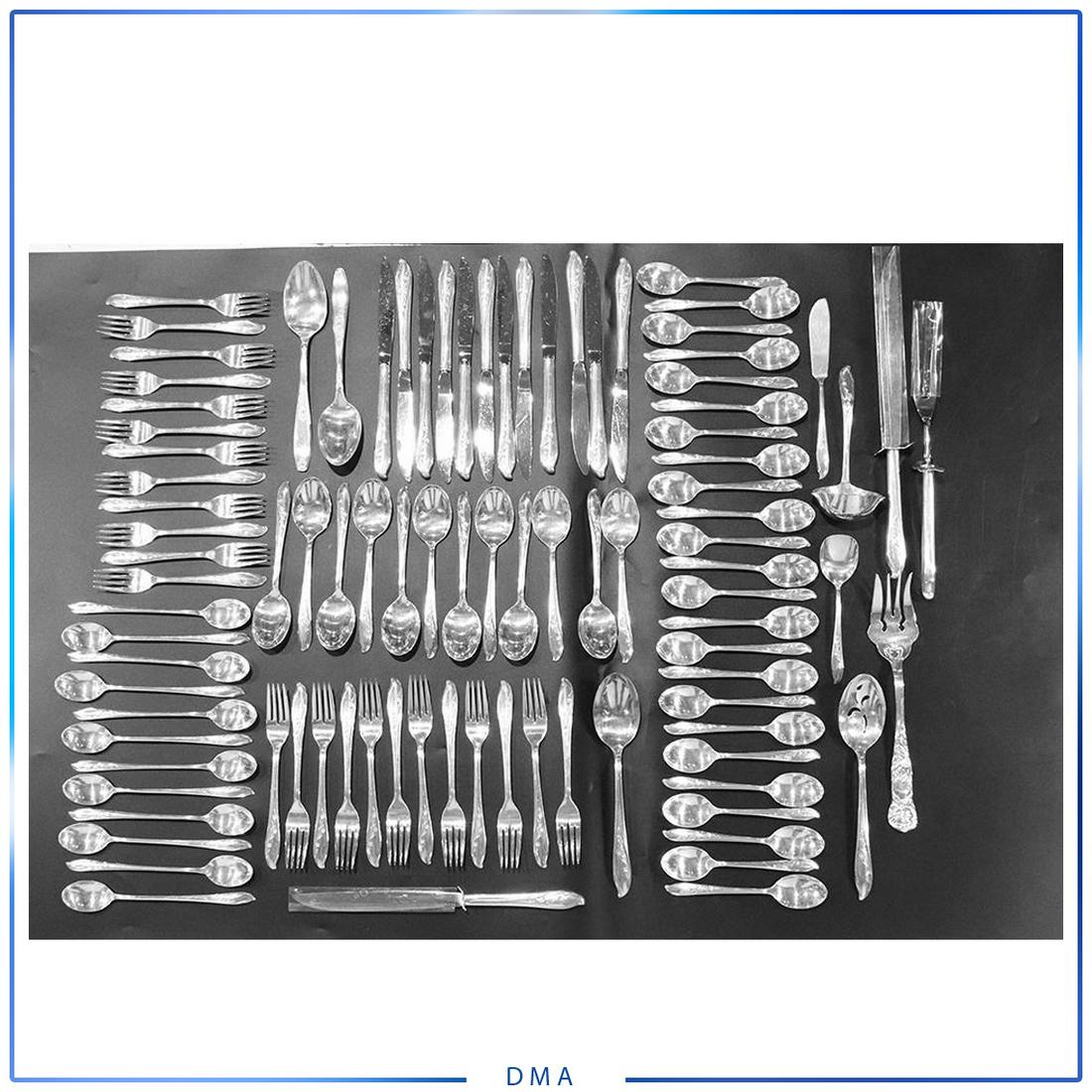 95 Pc. Service 12 Roger Bros. "Springtime" Flatware Set: 95 Pc. Service 12, 1847 Roger Bros. "Springtime" Silver Plate Flatware Set in original box. Vintage. See Pictures on count of pieces. size: 5.75-13L range