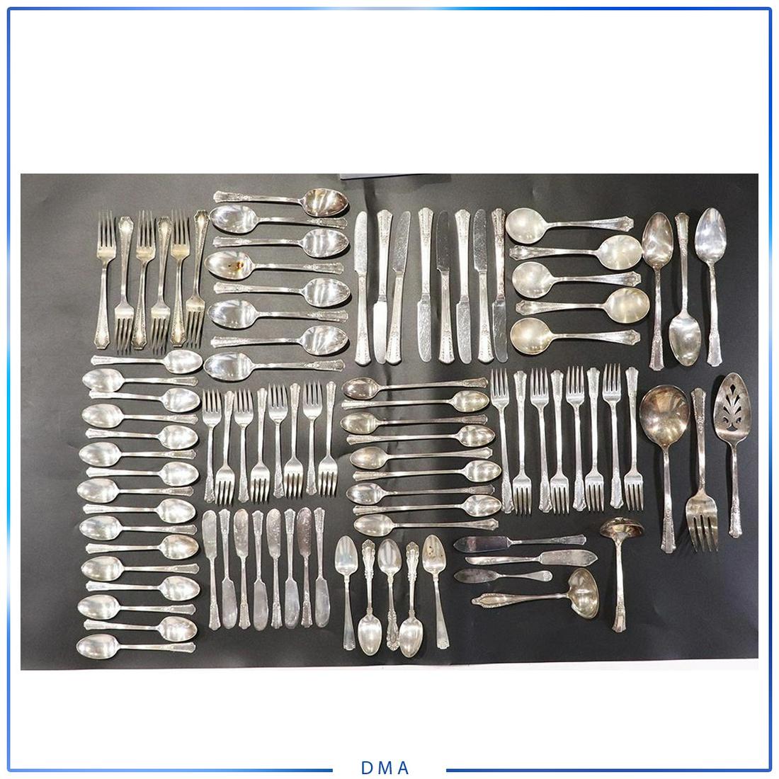 92 Pieces Wm Rogers Silver Plate Flatware in Drawer Box: 92 Pieces Wm Rogers Silver Plate Flatware in Drawer Box. Mostly Lilac Time Pattern. Some other odd pieces. Vintage. Wooden Box with Drawer. size: 5-8.5L range