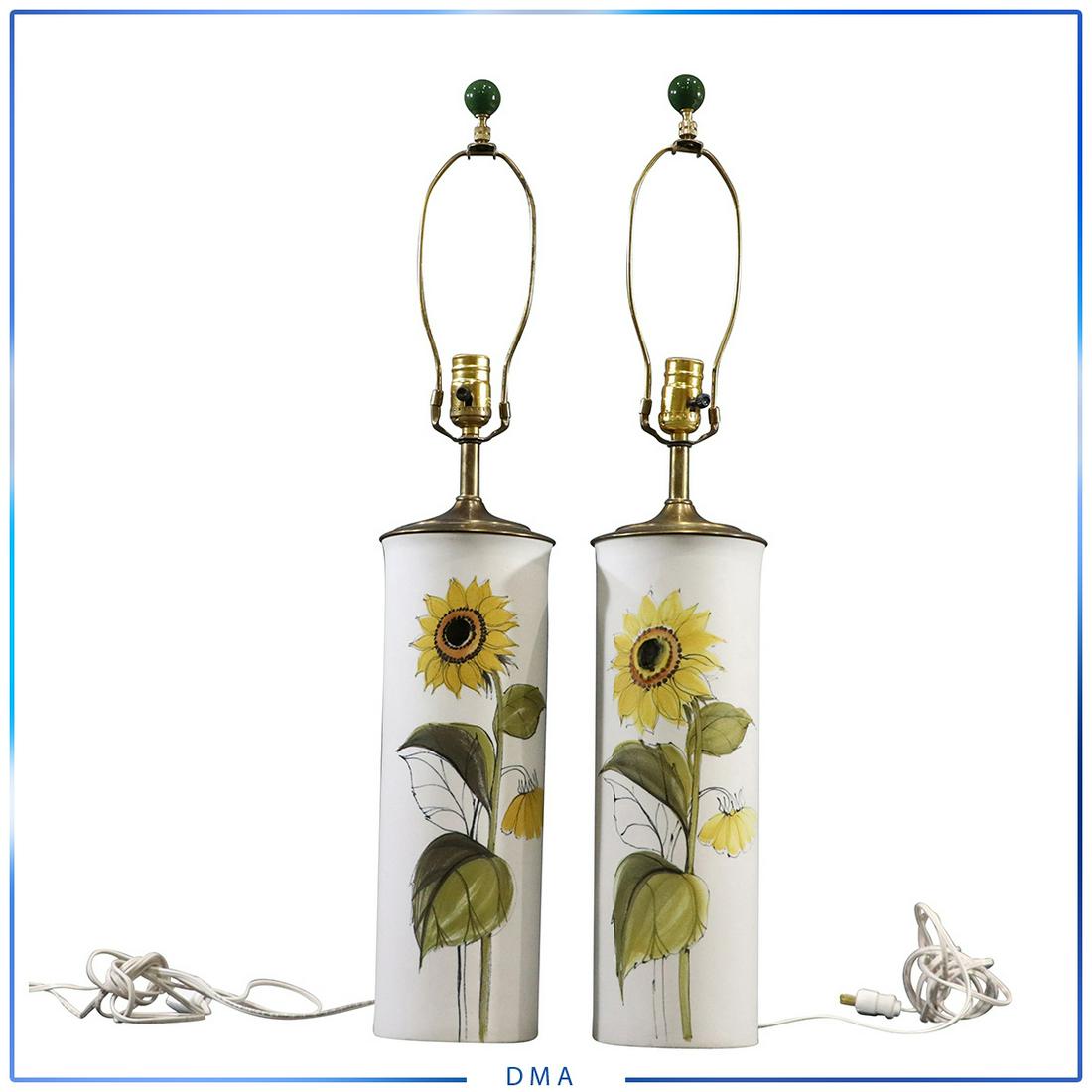 Arabia Finland Pair Porcelain Sunflower Lamps: Arabia Finland Pair Porcelain Sunflower Lamps. Hand Painted Vases that ere converted into table lamps, stamped on bottom. size: 32 in. h x 6 in. w