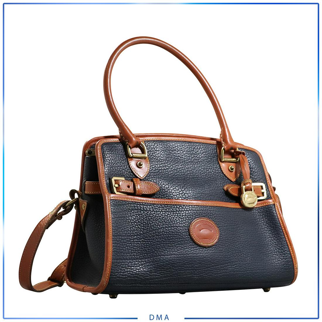 Dooney and Bourke Deep Blue & Brown Leather Handbag: Dooney and Bourke Deep Blue & Brown Leather Handbag - Clean. size: 9h x 12w