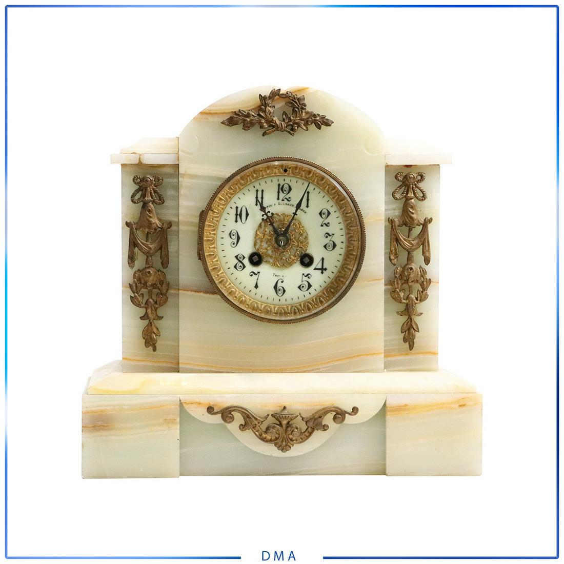 Victorian White Marble Clock with Bronze Ormolu: Victorian White Marble Clock with Bronze Ormolu. size: 11.5h x 11.5l x 5.25w