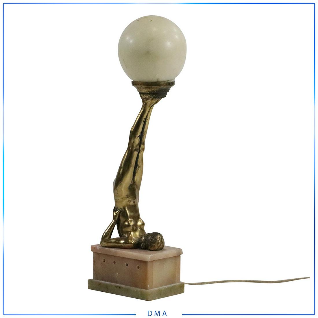 Art Deco Nude Legs Upward Lamp Alabaster Ball Shade: Art Deco Nude Legs Upward Lamp Alabaster Ball Shade and alabaster base. Circa 1920 Vintage. Good original patina finish. size: with shade: 20h x 6l x 4w only shade: 4.5h x 5l x 5w