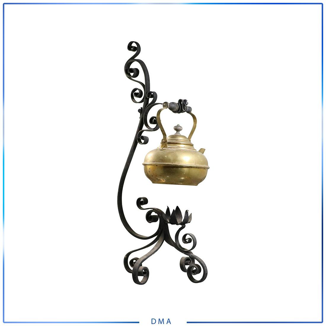 Brass Teapot on Ornate Wrought Iron Stand: Brass Teapot on Ornate Wrought Iron Stand. size: 22h x 10 w