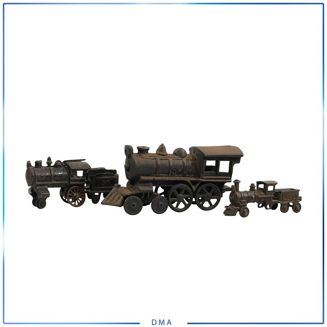 [3] Three Assorted Cast Iron Toy Train Locomotives: [3] Three Assorted Cast Iron Toy Train Locomotives. size range:4h x 9l