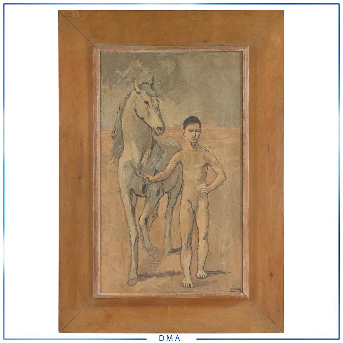 Pablo Picasso Vintage Lithograph Naked Man and Horse: Pablo Picasso Vintage Lithograph Naked Man and Horse. Original wide frame. size:28.5h x 17l with frame: 39h x 27.5l