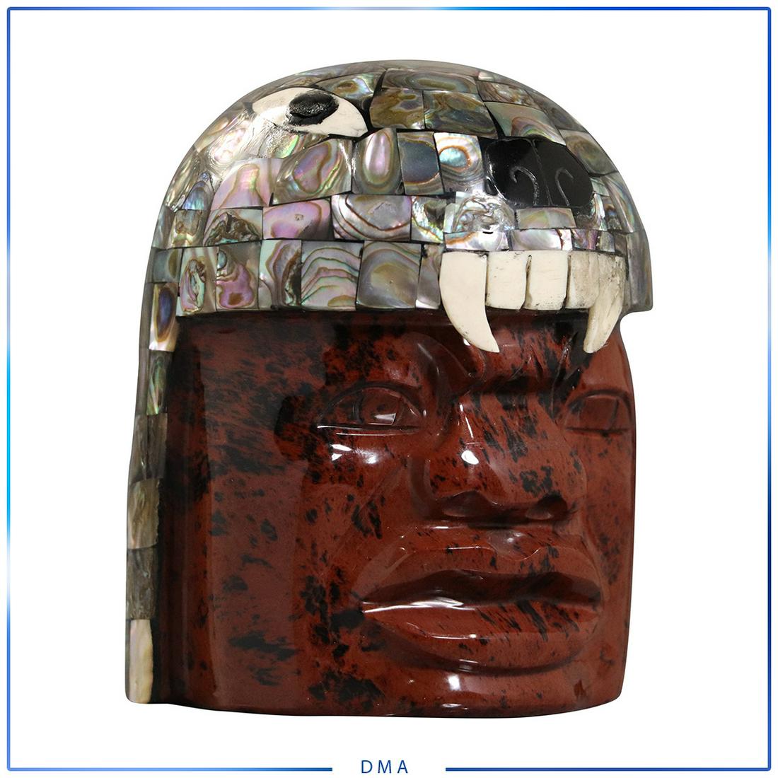 Polished Brown Marble Mayan Head Wearing Abalone Helmet: Polished Brown Marble Mayan Head Wearing Abalone Helmet. size: 5h x 4l