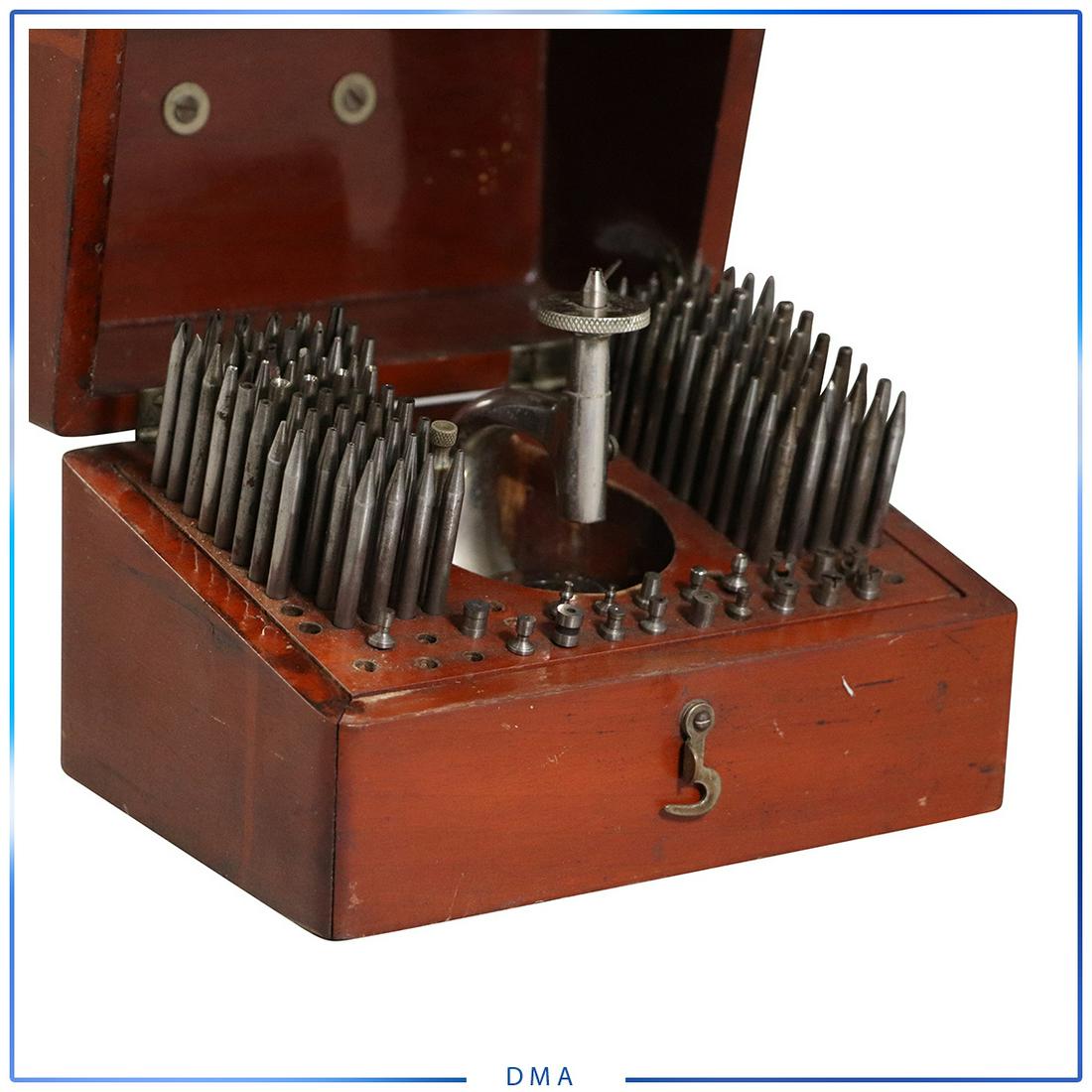 Vintage Box Set of Leather Punch Tools: Vintage Box Set of Leather Punch Tools. Punch is marked : Germany. A round wheel is marked: H O Wilson. Elgin Illinois. Wood Case. size: 6h x 7l x 5w