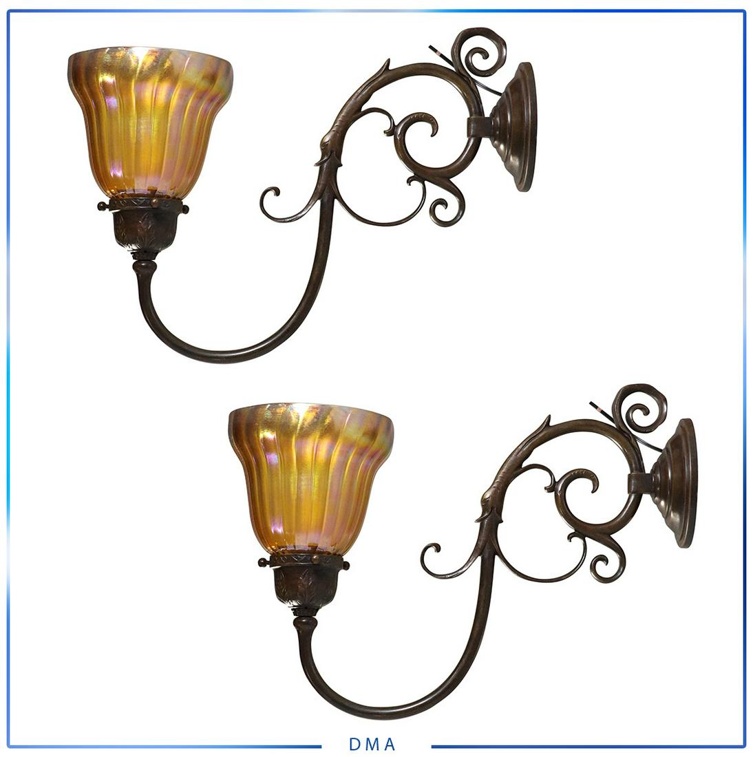 2 OSCAR BACH Signed Bronze Wall Sconces Steuben Shades: 2 OSCAR BACH Signed Bronze Wall Sconces Steuben Shades size: 15h x 14l shade: 5.5h x 6l . . Shades are both signed Steuben, Gold iridescent Glass.