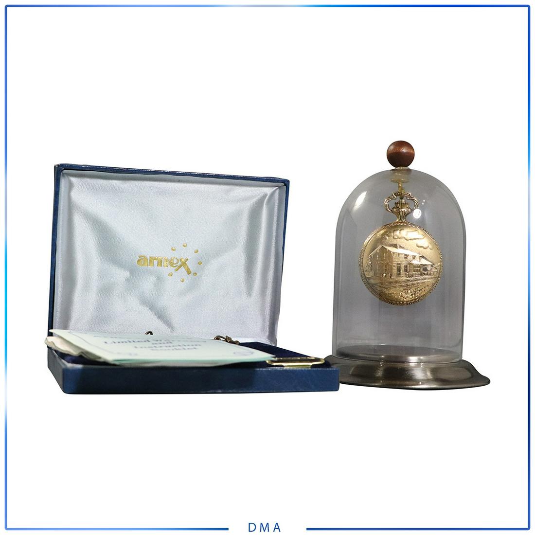 Railroad Pocket Watch Commemorative Sears Roebuck Co: Railroad Pocket Watch Commemorative Sears Roebuck & Co. 1886-1986. Original box and glass display dome. size: 5.5h x 4l