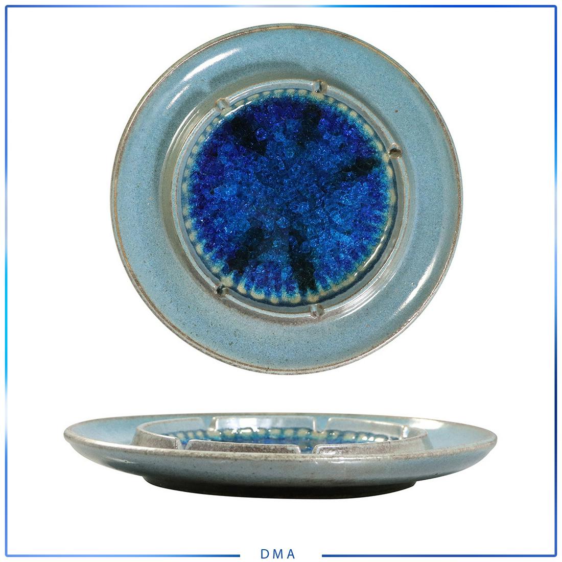 ROBERT MAXWELL Signed Mid-Century Blue Glazed Pottery: ROBERT MAXWELL Signed Mid-Century Blue Glazed Pottery ashtray dish. size: 10 in. diameter