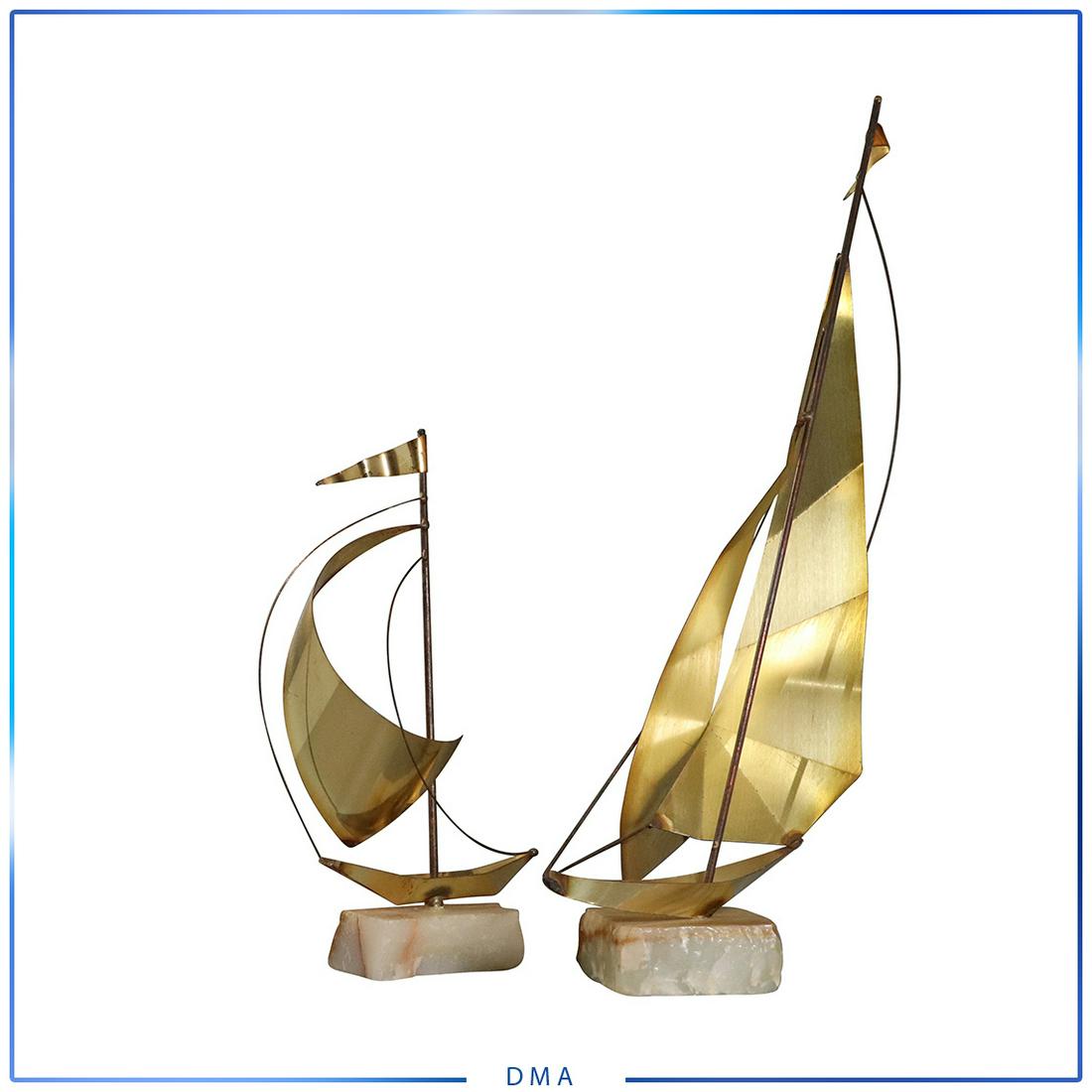 [2] Signed Brass Mid-Century Modern Sail Boats on Onyx: [2] Signed Brass Mid-Century Modern Sail Boats on Onyx bases. Good original patina finish, both are signed. size: large: 18h x 8l small: 11h x 6l