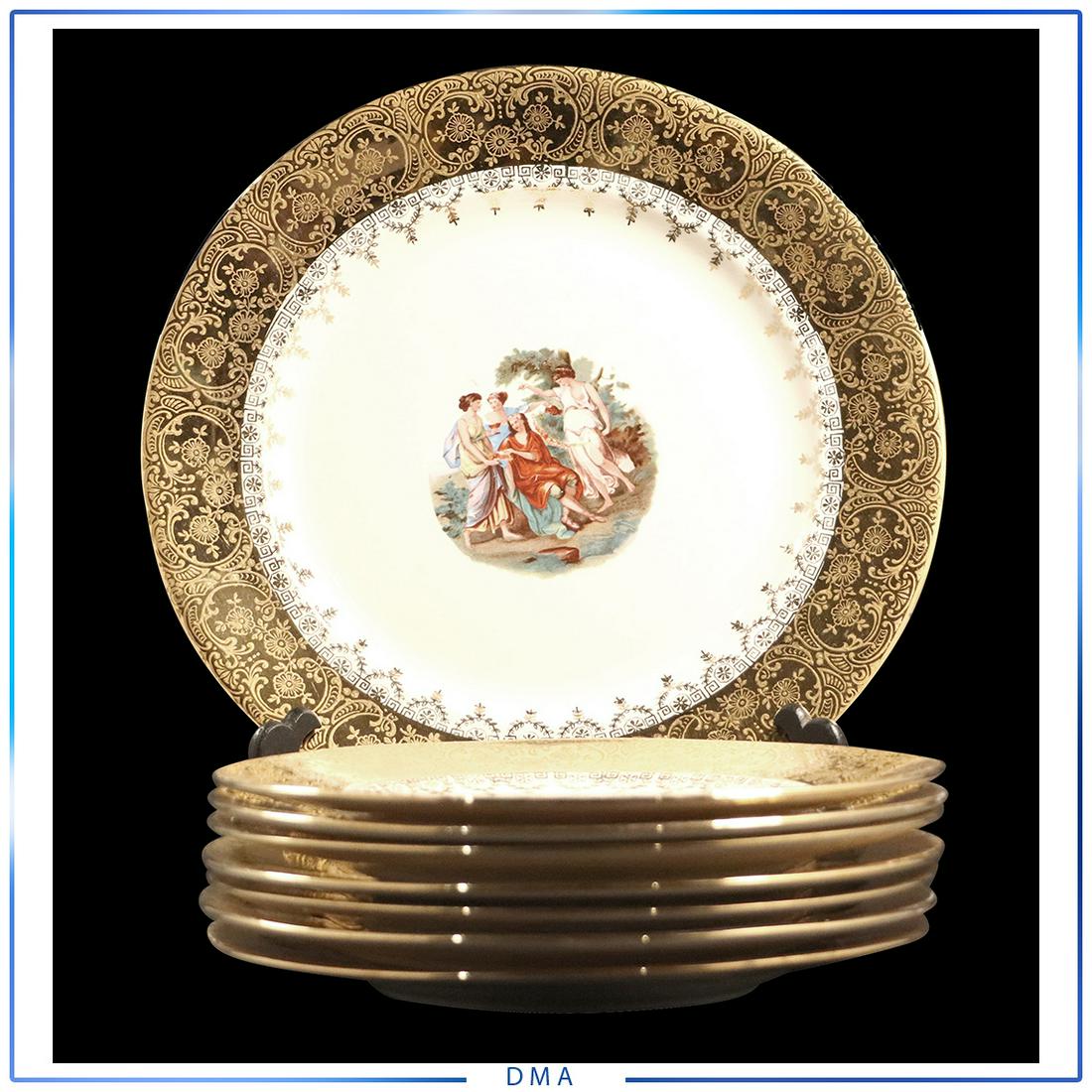 [Set 8] 22K Gold Trim Wide Rim Porcelain Dinner Plates: [Set 8] 22K Gold Trim Wide Rim Porcelain Dinner Plates. size: 10" diameter