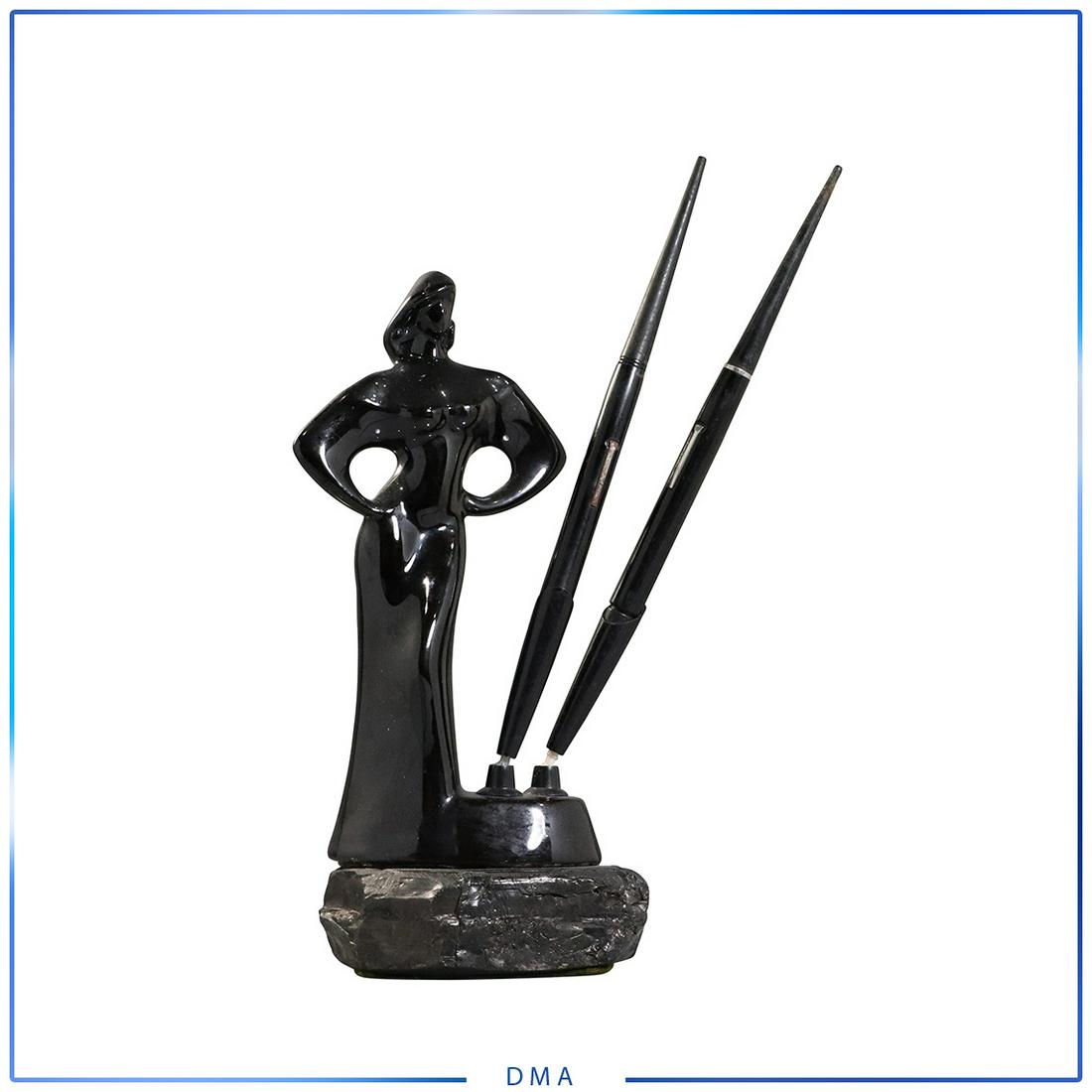 Art Deco Black Ceramic Woman Figure Quill Pen Holder: Art Deco Black Ceramic Woman Figure Quill Pen Holder. size: 9h x4l