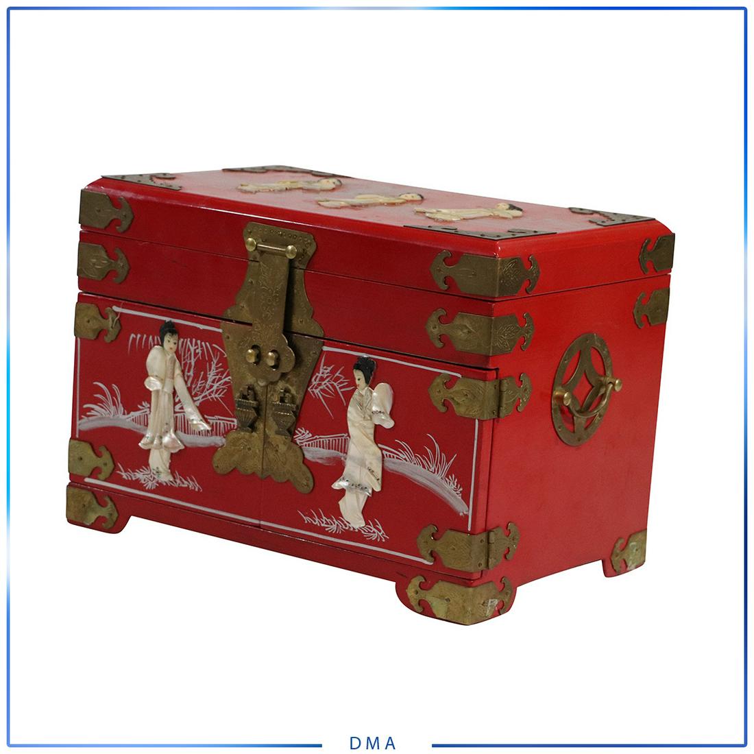 Asian Stone and Mother of Pearl Inlaid Jewelry Box: Asian Stone and Mother of Pearl Inlaid Jewelry Box. size: 10h x 9l x 14w