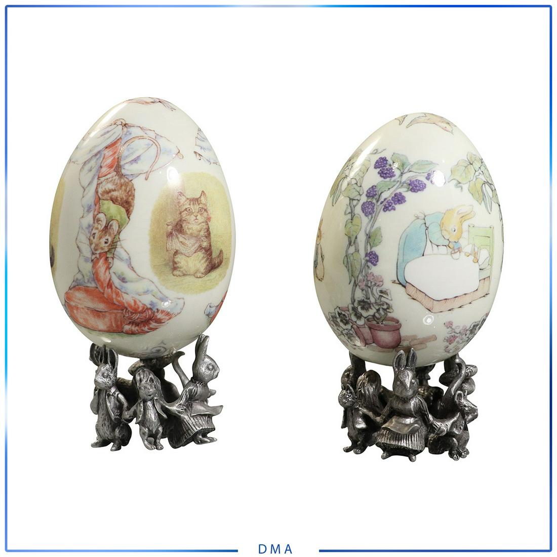 [2] Limited Edition Decorated Eggs Pewter Figure Stands: [2] Limited Edition Decorated Eggs Pewter Figure Stands. size: on stand: 4.5h x 2.5l without stand: 3.5h x 2.5l