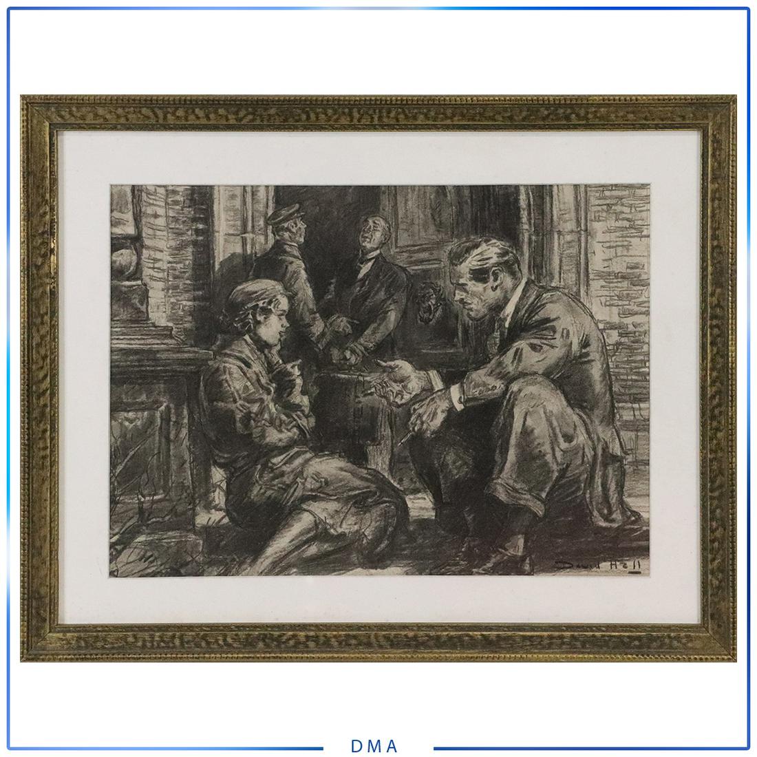 David Hall; American Charcoal Illustration Signed: David Hall; American Charcoal Illustration Signed . Charcoal on paper. Pulp Fiction Story Illustration. Signed lower right; 10.75in. X 15in.(image), 15.5in. X 19.5in.(outside frame)