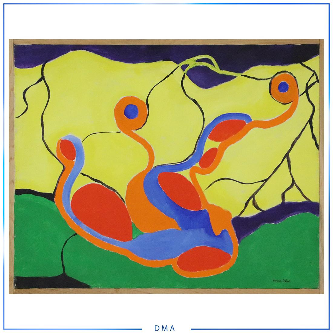 Herman Zuker, b. 1959 Polish / American, Abstract: Herman Zuker, b. 1959 Polish / American artist with Jewish Roots, Abstract acrylic on canvas painting, signed, circa 1978. Size: 22 x 28 , outside of frame: 29 x 23
