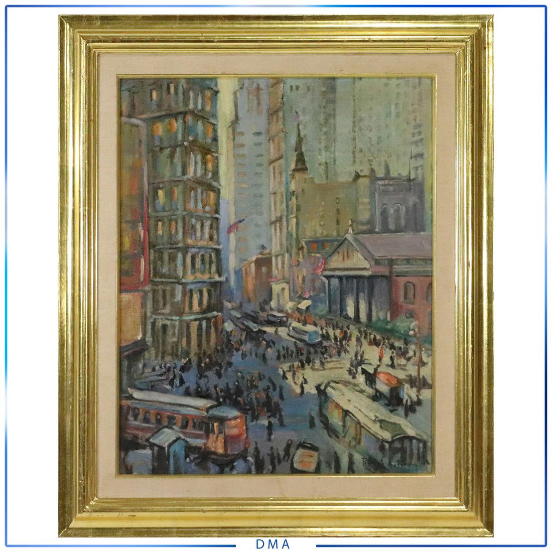 Ruth A. Anderson(after); American Oil Signed: Ruth A. Anderson(after); American Oil Signed . Oil on canvas. Fulton and Broadway,1917. After Ruth Anderson. Bears signature lower right and dated 1917. Inscribed on reverse with title; 30in. X 24in.