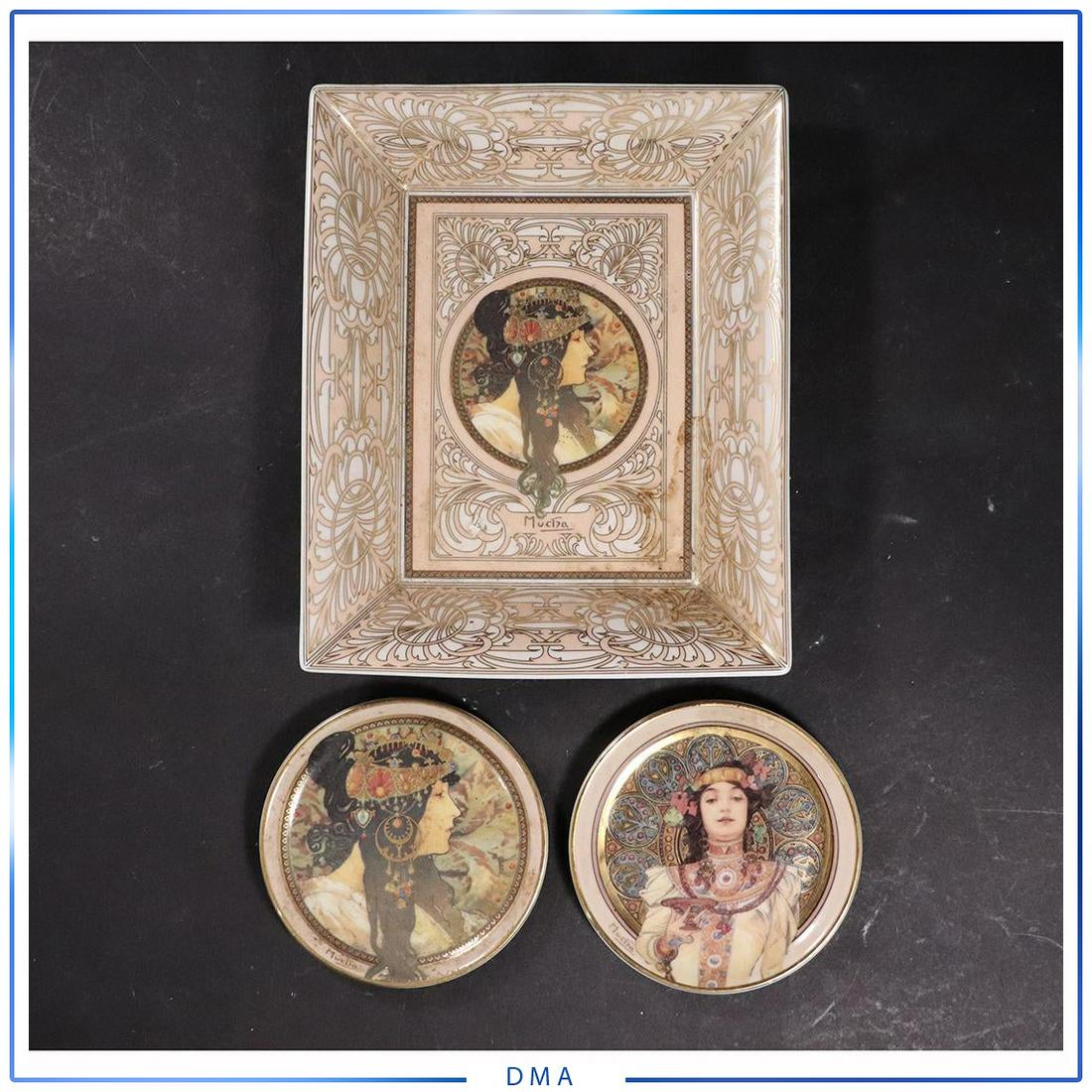 3 Assorted Goebel Mucha Women Portrait Porcelain Trays: 3 Assorted Goebel Mucha Women Portrait Porcelain Trays. size: 7.5 x 6 x 1.5in, 4in circular trays