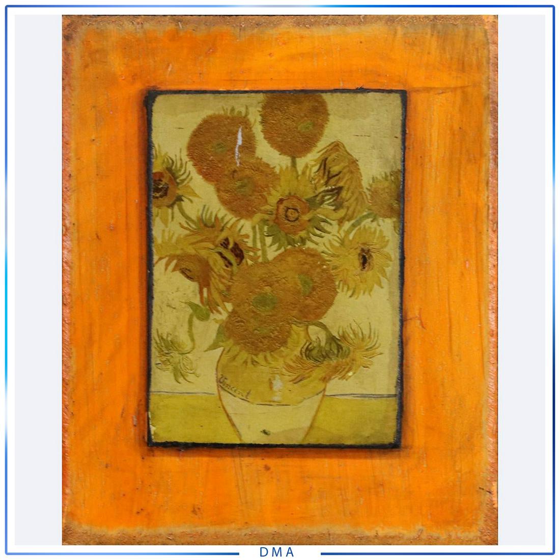 Dan Shupe after Vincent Van Gogh "Sunflowers" Signed: Dan Shupe after Vincent Van Gogh "Sunflowers" Signed on verso Dan Shupe Studio Stamp. on board. size: 9.5x6.75 image, 14x11.5 outside edge