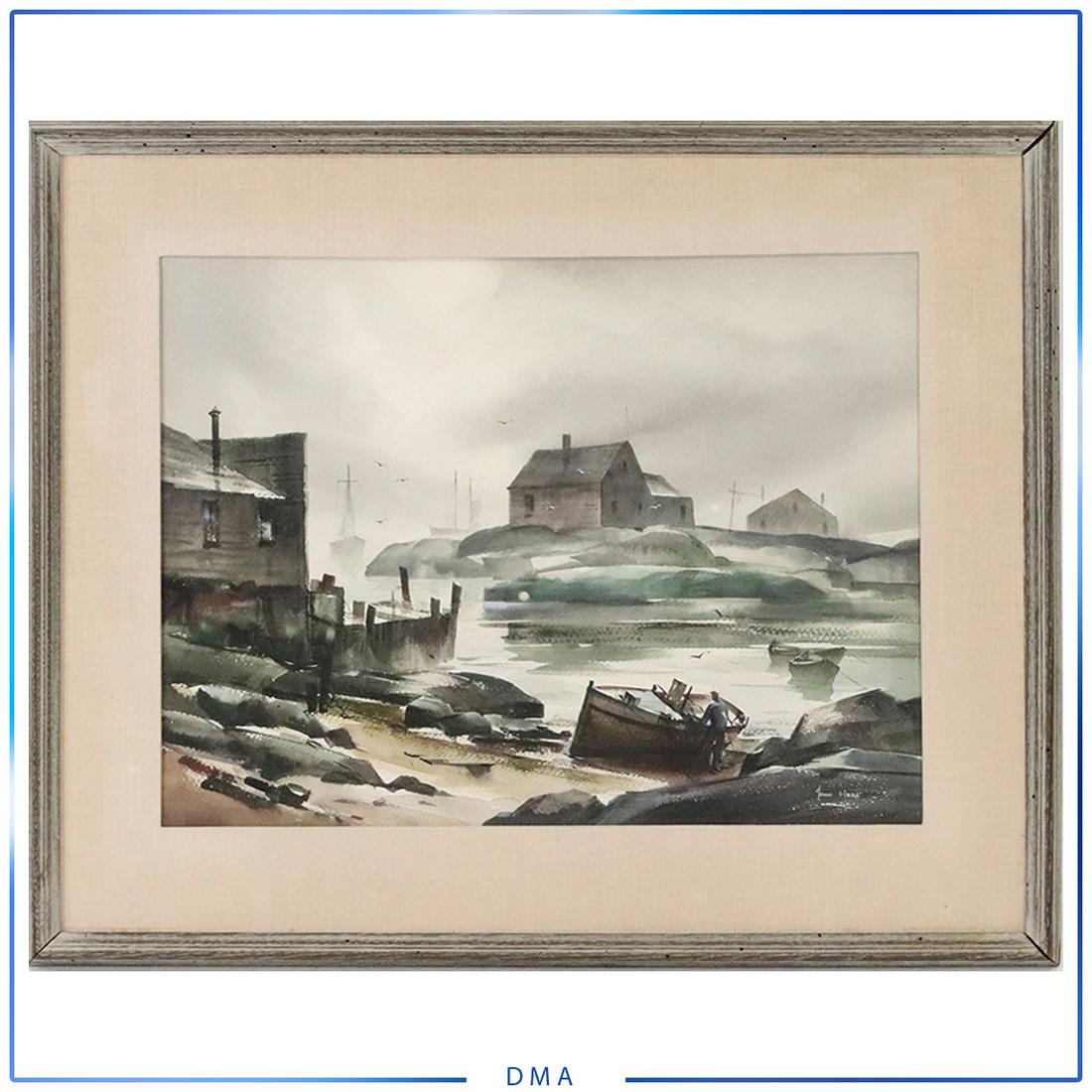 John Cuthbert Hare 1908-1978 Watercolor Fishing Coastal: John Cuthbert Hare 1908-1978 Watercolor Fishing Coastal. Signed. Watercolor painting, framed. Well listed American Artist. size: 16h x 20.5l with frame: 24h x 28.5l. ASKart: John Cuthbert Hare (1908 -