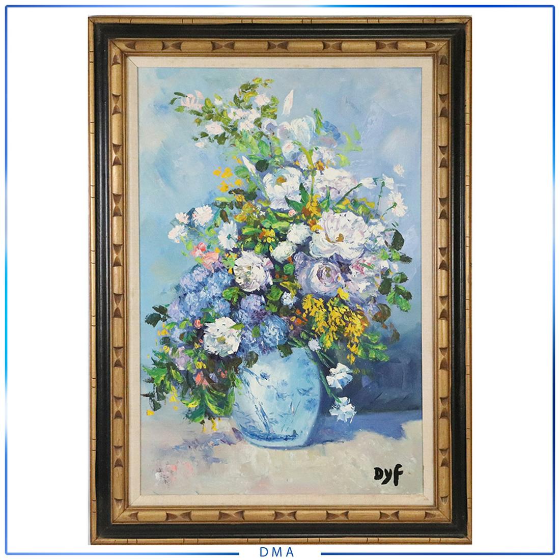 DYF, attributed to Marcel Dyf, Oil/c Floral Still Life: DYF, attributed to Marcel Dyf, Oil/c Floral Still Life. Oil on Canvas painting, Signed, Framed. Large painting size: 36h x 24l with frame: 44h x 31l