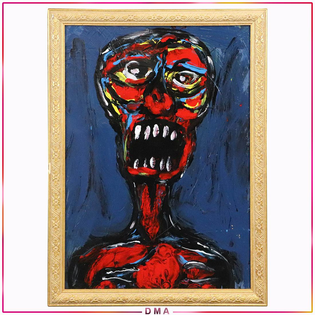 Pulgini after Basquiat, Oil on Board Grotesque Portrait: Pulgini after Basquiat, Oil on Board Grotesque Portrait. Oil on board painting, Signed on verso, framed. Popular Philadelphia area Artist.