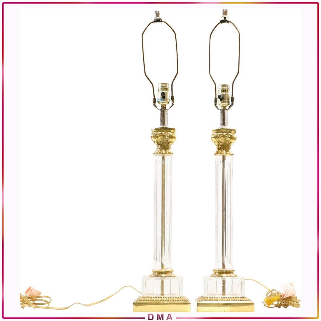 Pair Quality Brass and Crystal Glass Column Table Lamps (1 of 9)