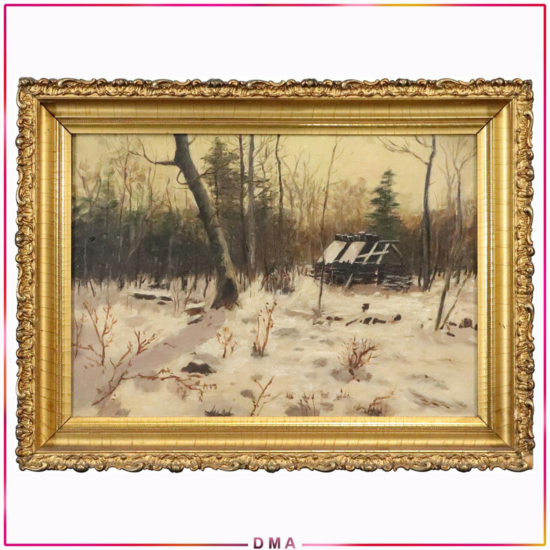 19th C. Winter Landscape with Cabin Oil Painting (1 of 7)