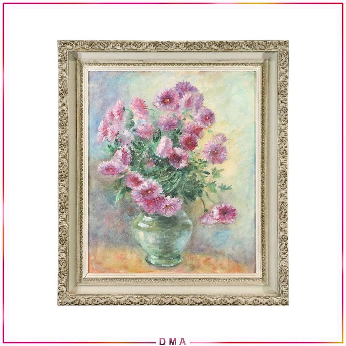 Vintage Still Life Oil Painting Purple Flowers in Vase (1 of 7)