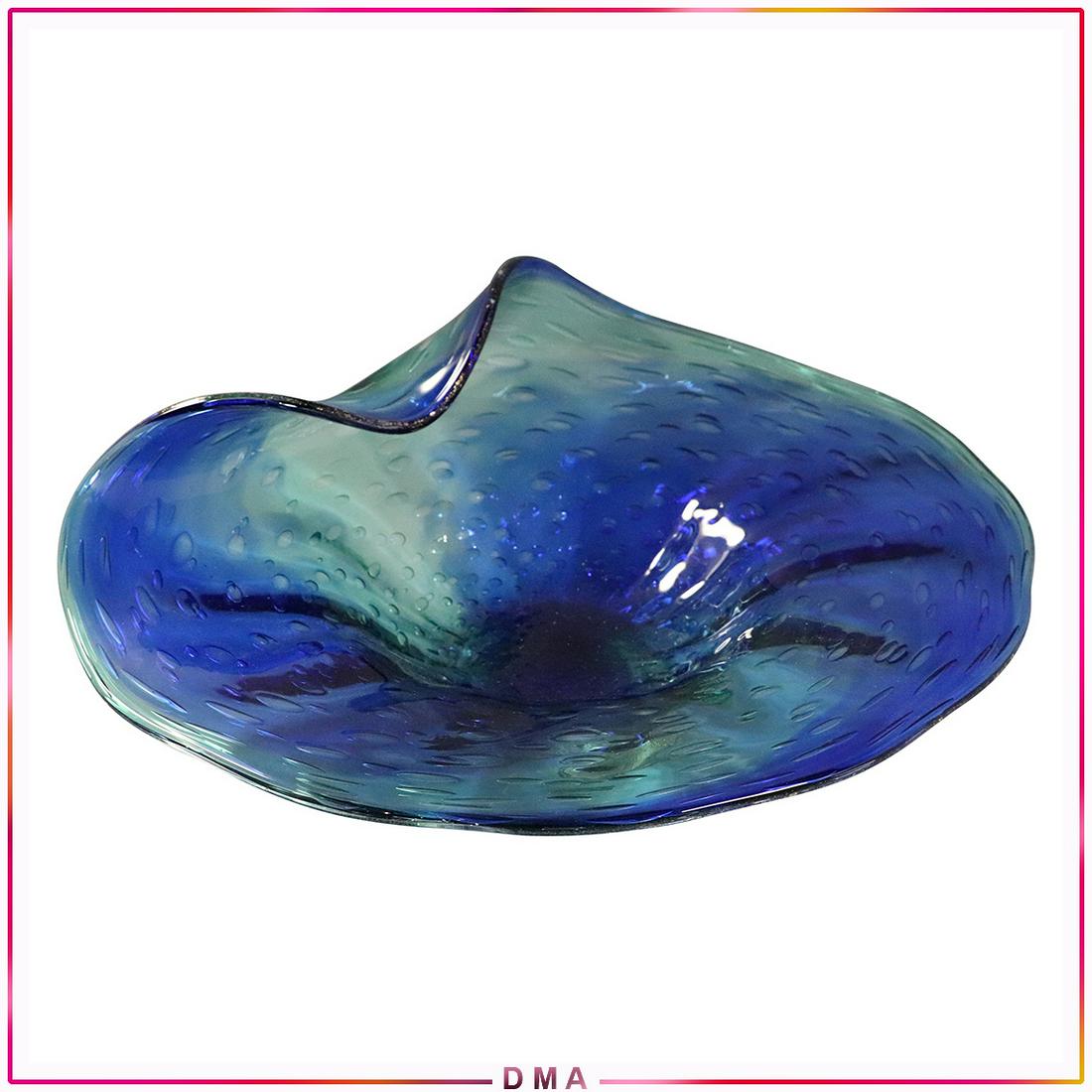 Murano Venetian Art Glass Blue Center Bowl Curved Side (1 of 6)