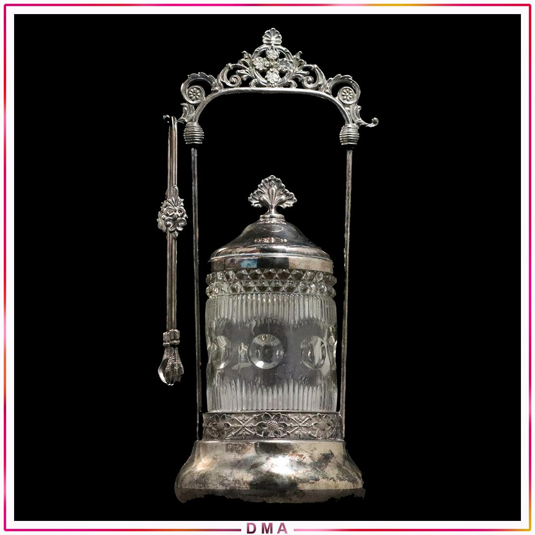 Victorian Silver Plate Pickle Jar Glass Center, Tongs (1 of 6)