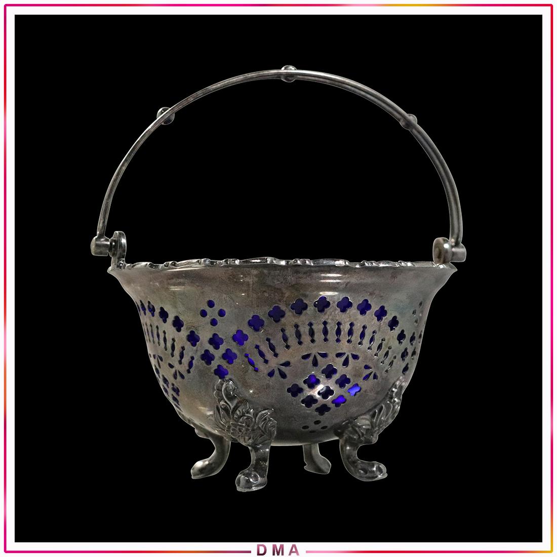 Silver Plate Basket Condiment Bowl Cobalt Glass Liner (1 of 8)