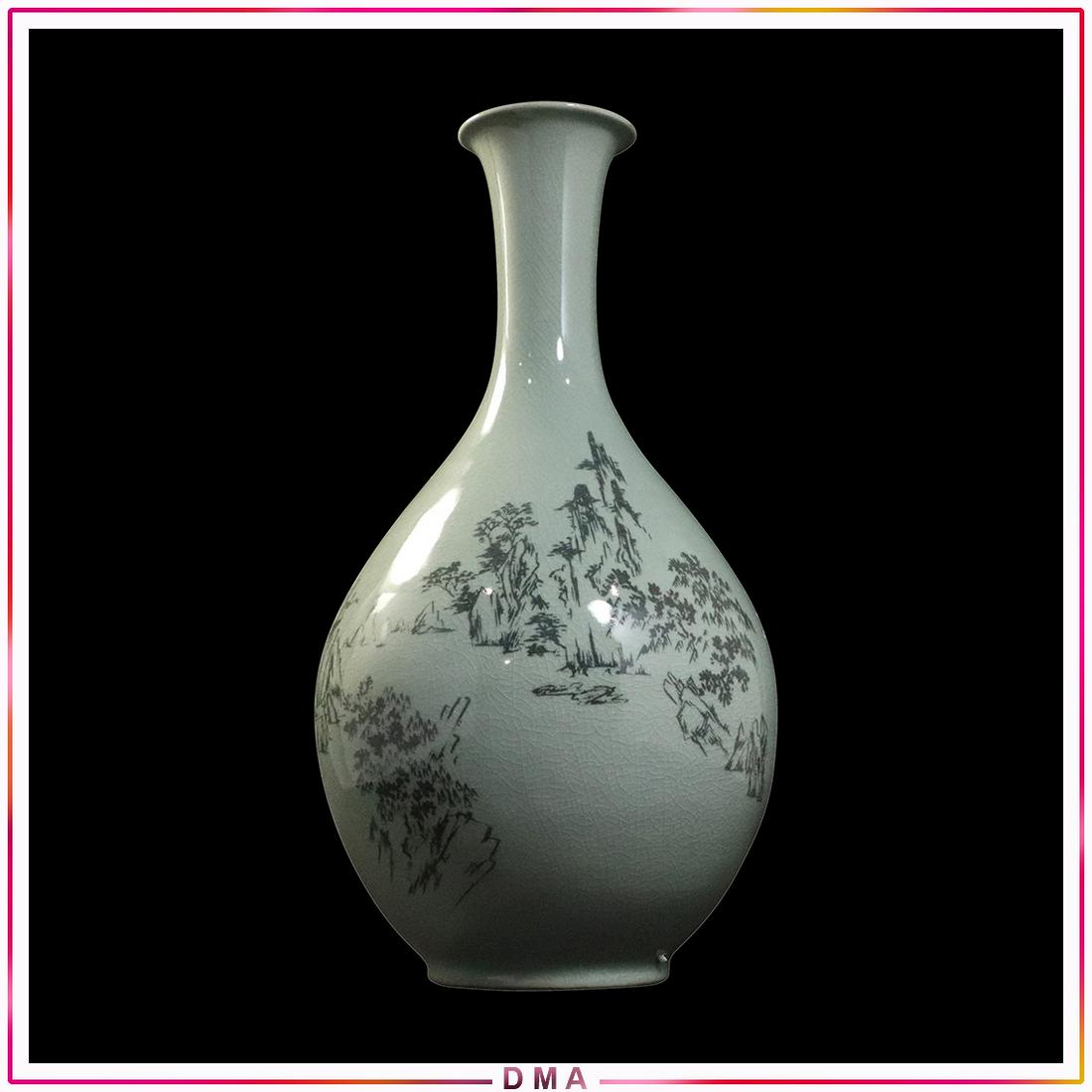 Green Celadon Porcelain Bottle Neck Vase Trees Design (1 of 6)