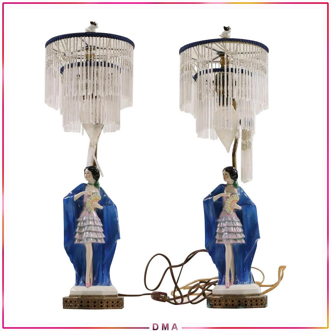 Pair Art Deco Porcelain Dancer Girl Lamps Beaded Shades: Pair Art Deco Porcelain Dancer Girl Lamps Beaded Shades. Nice quality. Dancers are holding a hand fan. Fine porcelain. Size: 20 x 6
