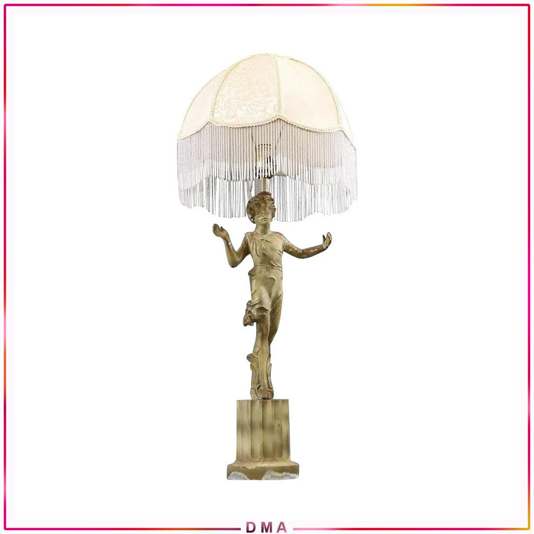 Vintage French Cast Metal Figure Lamp with Fabric Shade: Vintage French Cast Metal Figure Lamp with Fabric Shade. Size: 34.5h x 10w base x 14.75w shade