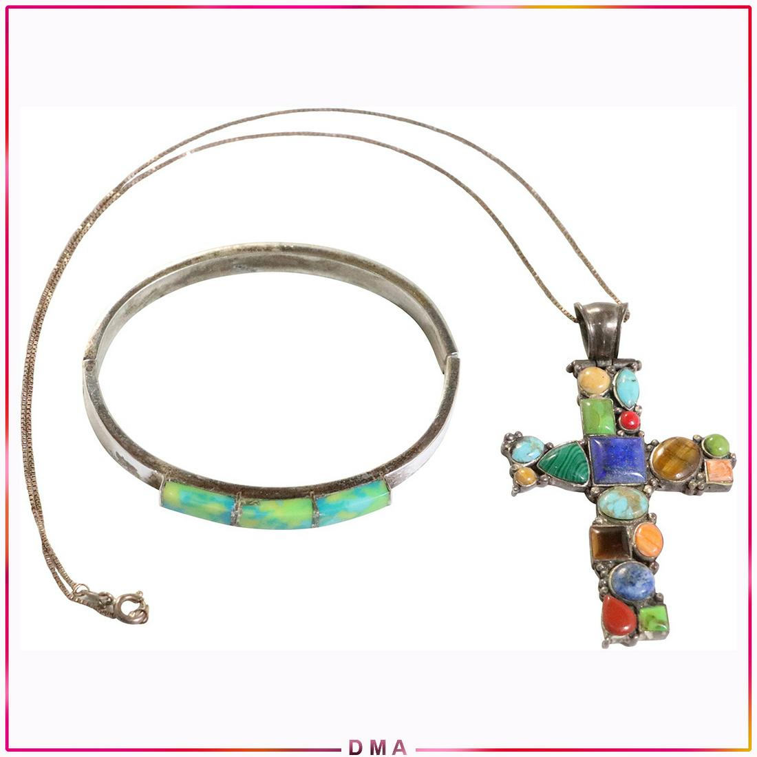 .925 Sterling Mexico Multi Stones Cross Necklace Bracel: .925 Sterling Silver Mexico Multi Stones Cross Necklace and a Bracelet. . Tigers Eye, Malachite, Turquoise, Lapis, Orange Agate. Marked: .925 Mexico. ; size: 18 in. chain, cross 2.75 in. x 1.75 in. ;